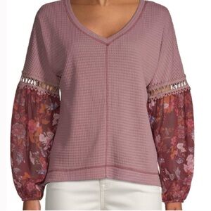 Contrast patchwork print sleeve V neck waffle knit top